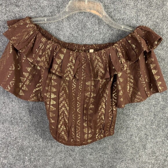 Elan Crop Top Women M Elastic Neck and Hem Short Flare Sleeve Brown Gold - Picture 6 of 11